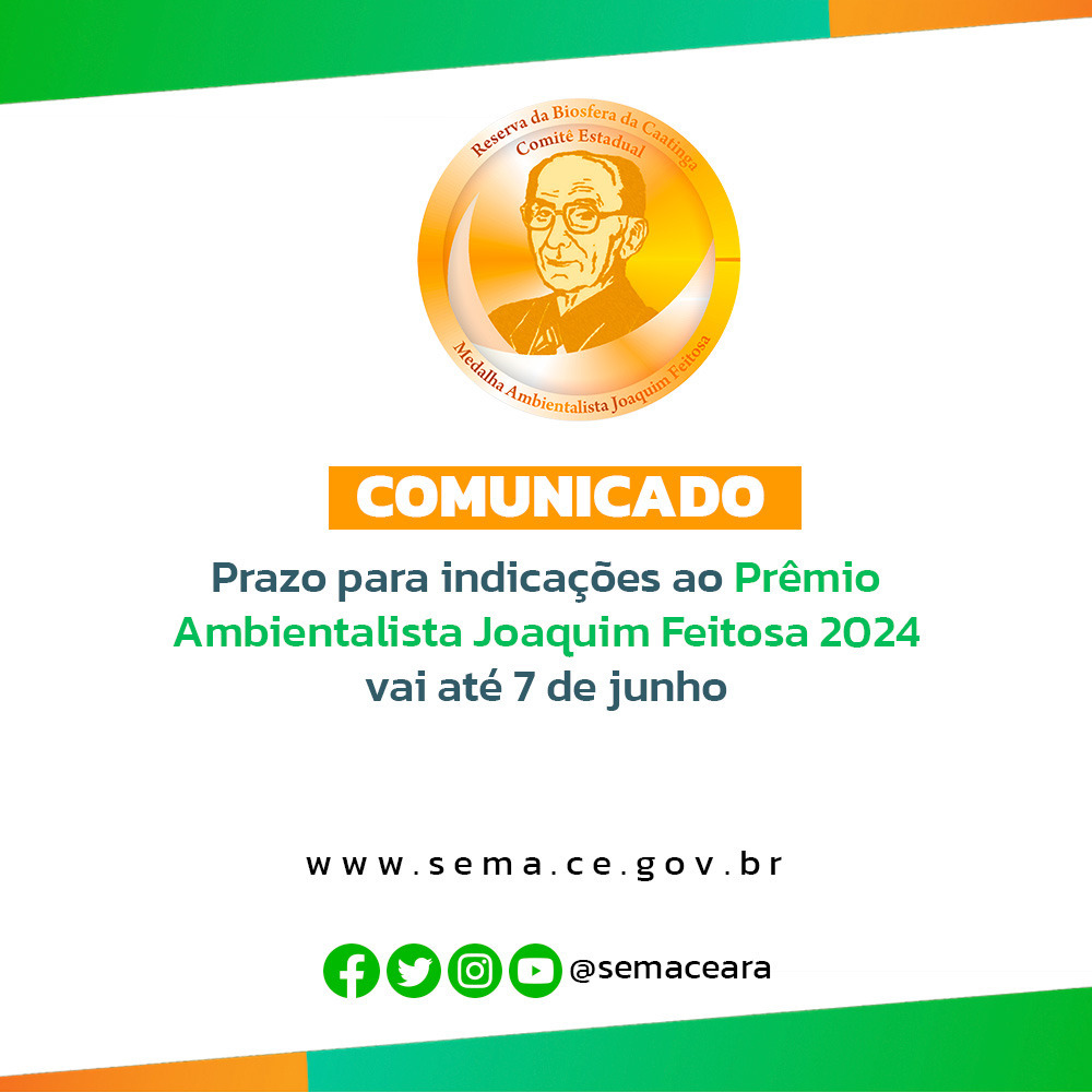 Prazo para indicações ao Prêmio Ambientalista Joaquim Feitosa 2024 vai até 7 de junho