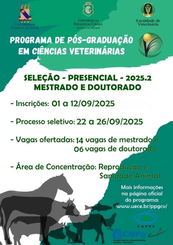 Uece abre seleção para Mestrado e Doutorado em Ciências Veterinárias