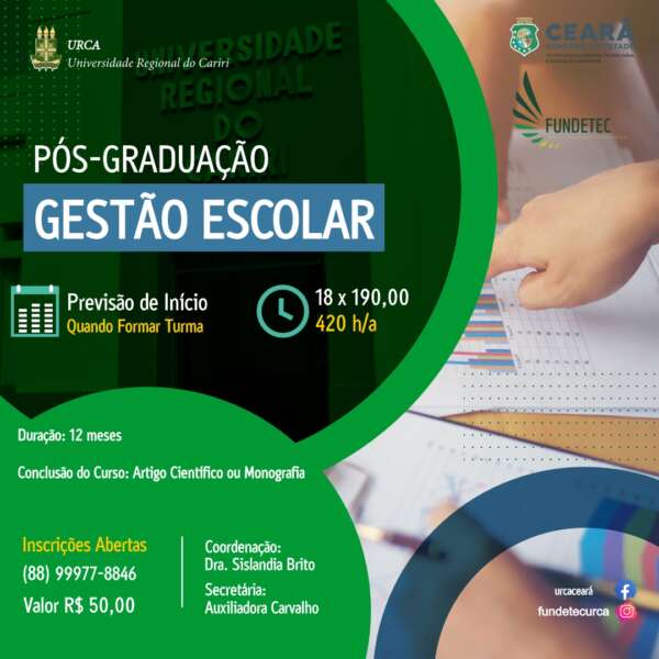 Inscrições abertas para Especialização em Gestão Escolar na Urca