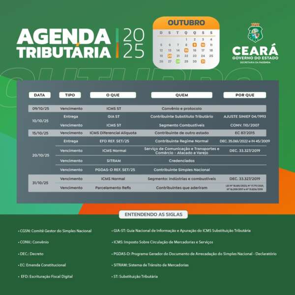 Agenda Tributária de outubro está disponível no portal da Sefaz-CE