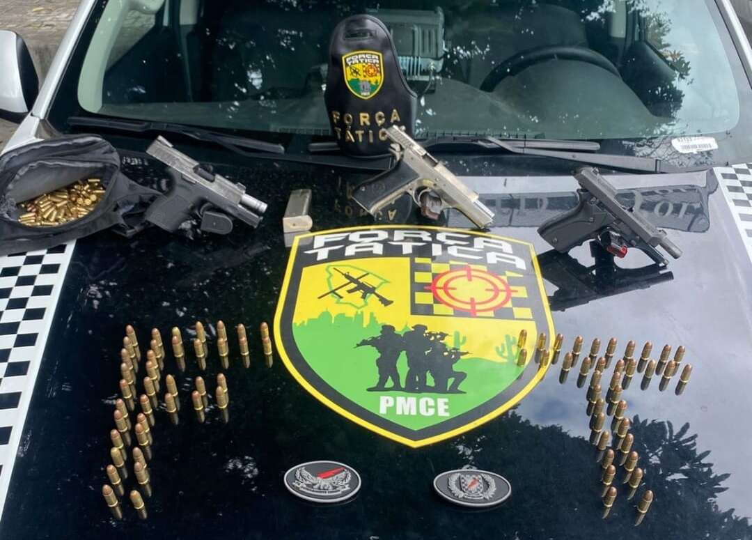 PMCE apreende três pistolas e 160 munições com suspeito, no bairro Mondubim