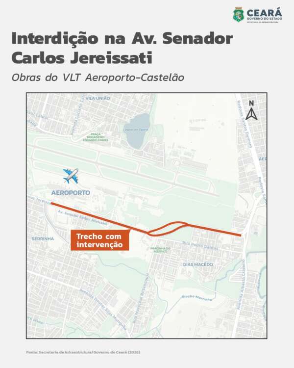 Seinfra inicia interdição parcial na Av. Carlos Jereissati para obras do VLT Aeroporto–Castelão