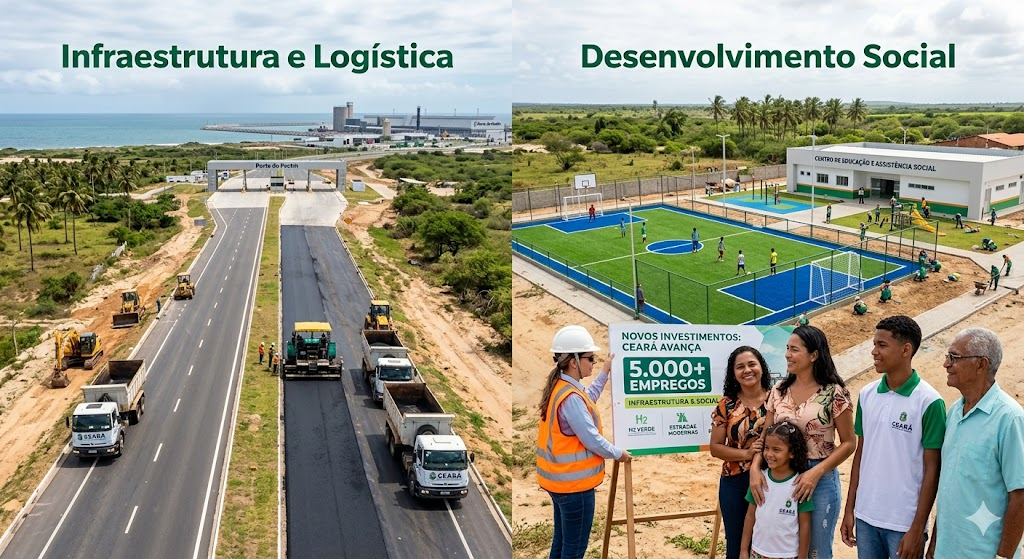 Imagem composta que ilustra os investimentos do Governo do Ceará em duas frentes. À esquerda, sob o título "Infraestrutura e Logística", máquinas e operários trabalham na pavimentação de uma rodovia que leva ao Porto do Pecém à beira-mar. À direita, sob o título "Desenvolvimento Social", uma Areninha e um centro educacional aparecem ao fundo, enquanto em primeiro plano uma engenheira segura um painel anunciando a geração de mais de 5.000 empregos, ao lado de uma família cearense sorridente.