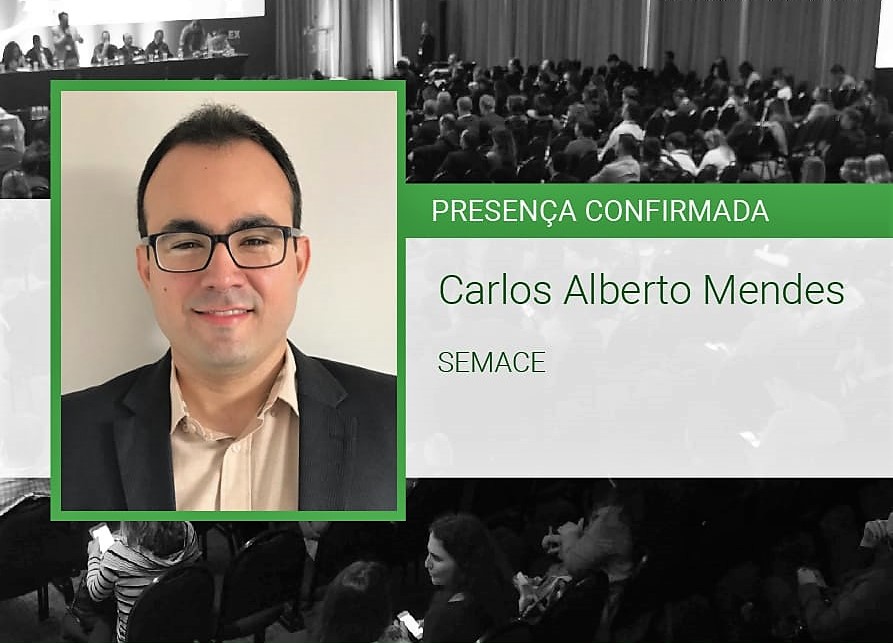 Arte. Auditório com pessoas em preto e branco ao fundo. Em primeiro plano a foto do superintendente da Semace, Carlos Alberto e o seguinte texto: Presença confirmada. Carlos Alberto Mendes. Semace